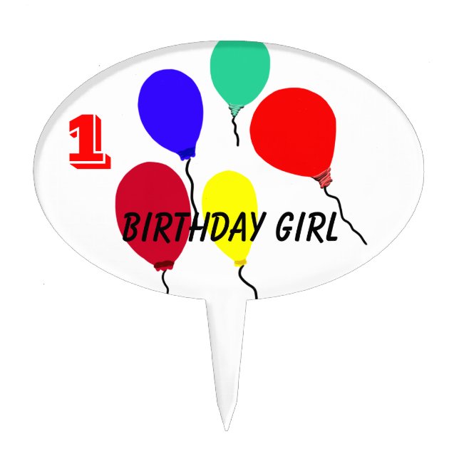 1st Birthday Girl Flying Balloons Cake Pick (Front)