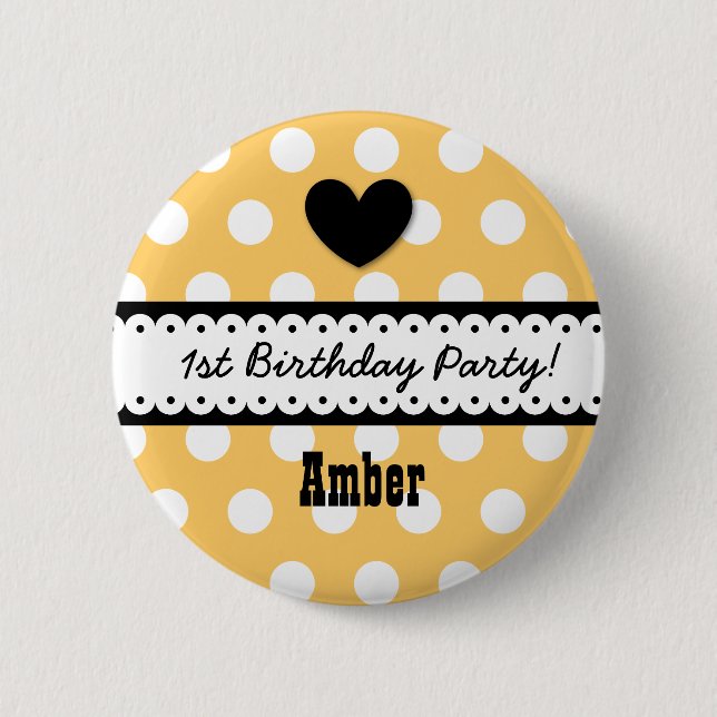 1st Birthday Girl Heart and Scalloped Ribbon v2G Button (Front)