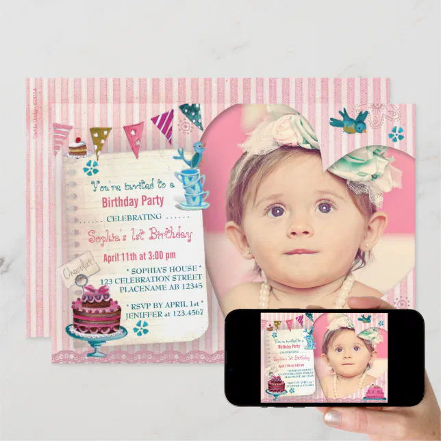 1st Birthday Girl Heart | Photo Party Invitation | Zazzle