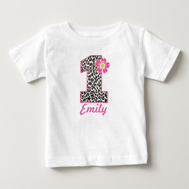 1st Birthday Girl Hot Pink & leopard print Baby T-Shirt (Front)