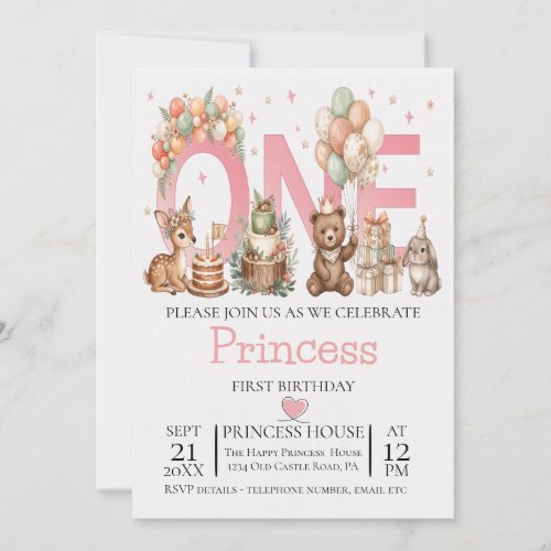 1st Birthday girl invitation Card Safari Animals