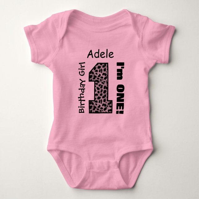 1st Birthday Girl LEOPARD 1 Year Custom Name V006A Baby Bodysuit (Front)