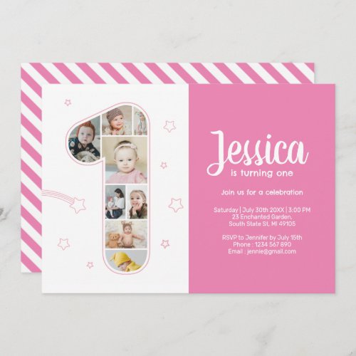 1st Birthday Girl Number 1 Custom Photo Collage Invitation