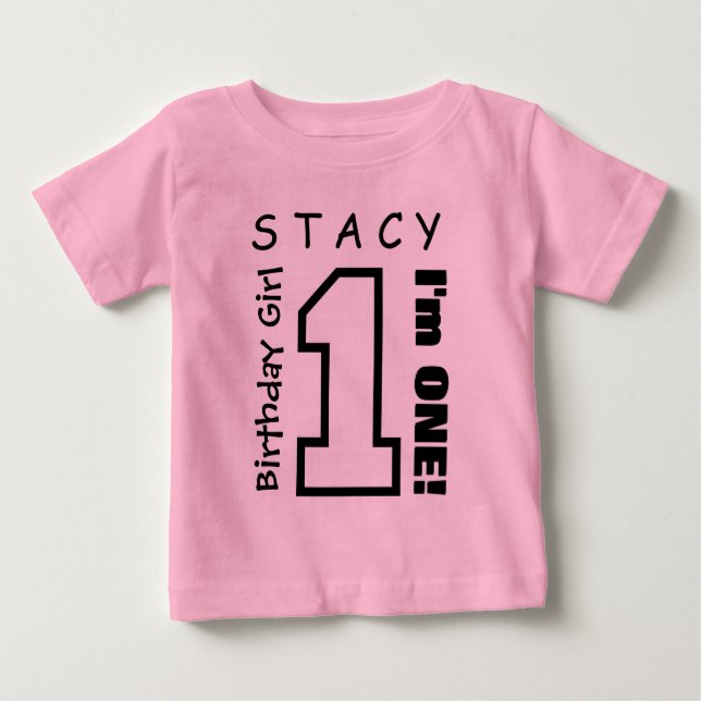 1st Birthday Girl One Year Custom Name Pink V01H Baby T-Shirt (Front)