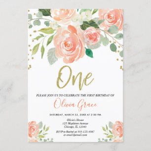1st birthday girl peach coral floral girl invitation