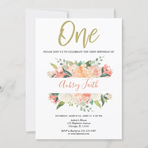 1st birthday girl peach gold glitter coral floral invitation