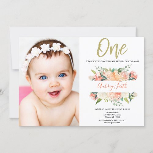 1st birthday girl peach gold glitter floral photo invitation