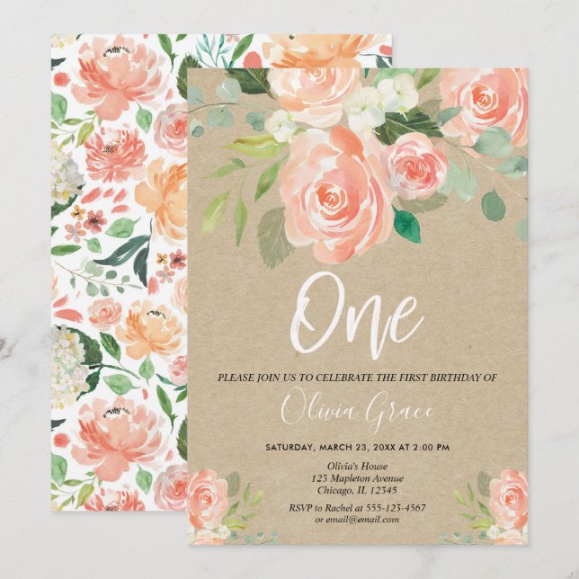 1st birthday girl peach rustic kraft floral invitation (Front/Back)