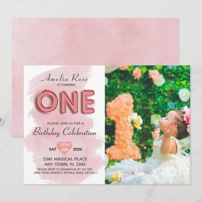 1st Birthday Girl Photo Pink Balloon Typography Invitation (Front/Back)