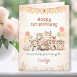 1st Birthday Girl Pink Boho Woodland Animals Card<br><div class="desc">Cute folded card for a little girl's 1st or any Birthday, features adorable boho woodland animals, cake, balloons, bunting and pampas grass. The soft pastel colors, classic beige, pink, yellow, light green, and light brown give it a cozy feel of the end of summer or the start of fall. Easily...</div>