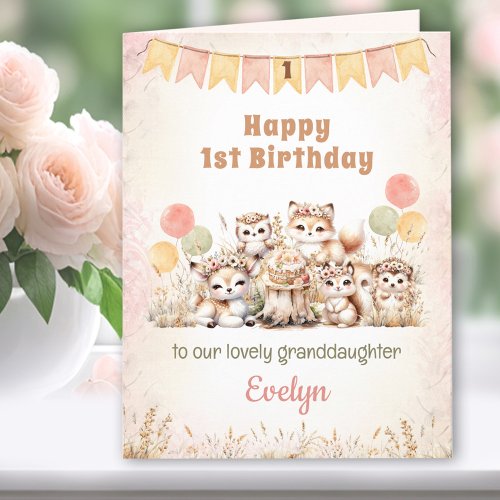 1st Birthday Girl Pink Boho Woodland Animals
