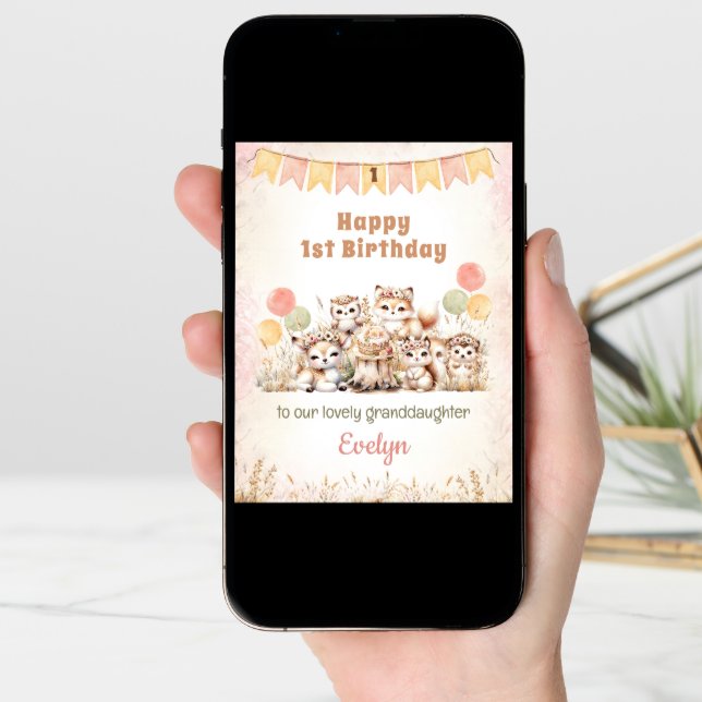 1st Birthday Girl Pink Boho Woodland Animals Card (Front Digital)