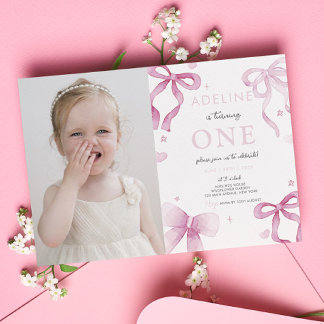 1st Birthday Girl Pink Bow Fancy One Cute Photo Invitation