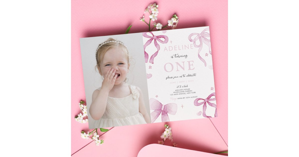 1st Birthday Girl Pink Bow Fancy One Cute Photo Invitation | Zazzle