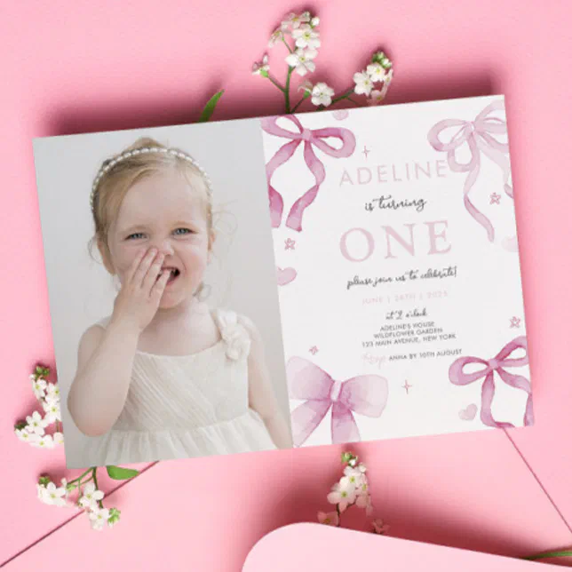 1st Birthday Girl Pink Bow Fancy One Cute Photo Invitation
