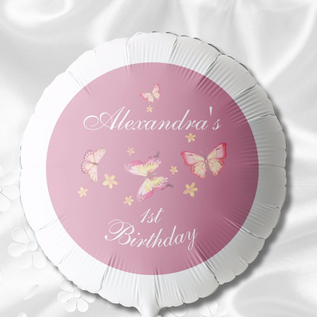 1st Birthday Girl Pink Butterfly Party Balloon (Creator Uploaded)