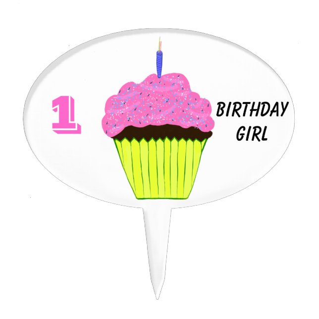1st Birthday Girl Pink Cupcake Pick (Front)