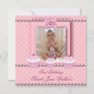 1st Birthday Girl Pink Cupcakes White Pearl Baby Invitation