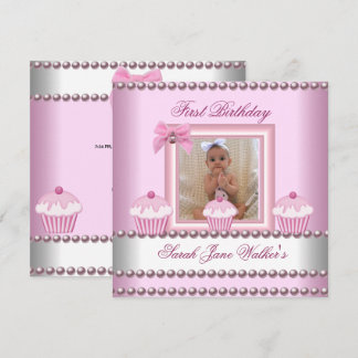 1st Birthday Girl Pink Cupcakes White Pearl Baby Invitation
