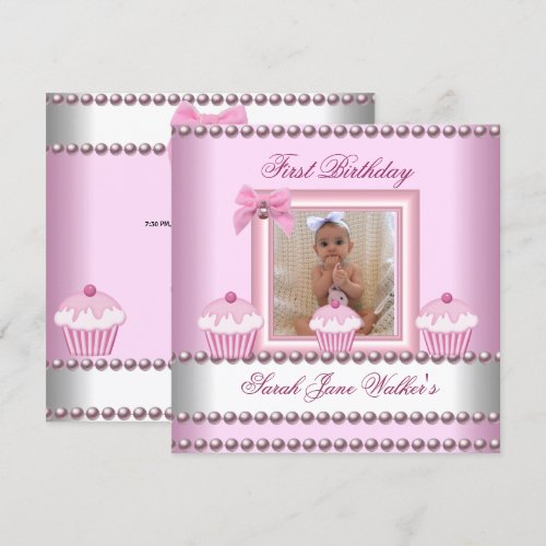 1st Birthday Girl Pink Cupcakes White Pearl Baby Personalized Announcements