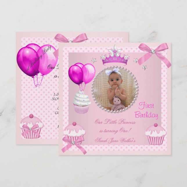1st Birthday Girl Pink Cupcakes White Pearl Baby Invitation (Front/Back)