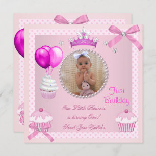 1st Birthday Girl Pink Cupcakes White Pearl Baby Invitation