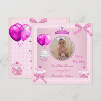 1st Birthday Girl Pink Cupcakes White Pearl Baby Invitation