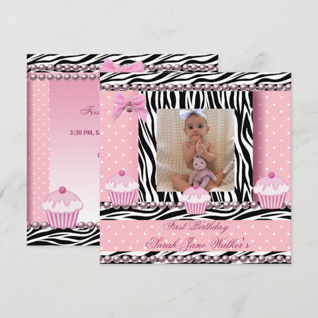 1st Birthday Girl Pink Cupcakes Zebra Baby Invitation (Front/Back)