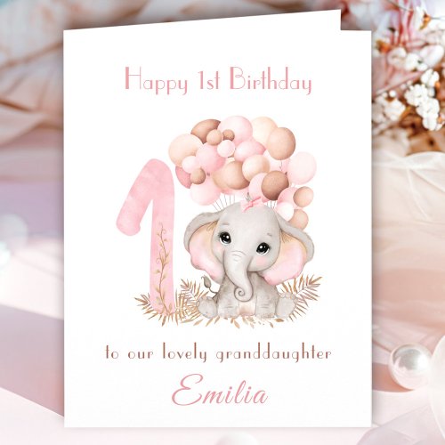 1st Birthday Girl Pink Cute Elephant Balloons Card