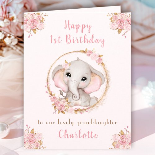 1st Birthday Girl Pink Cute Elephant Floral Card