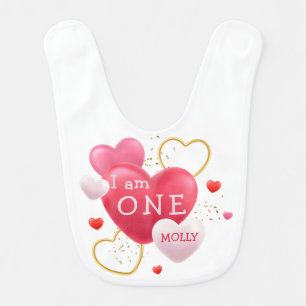 1st Birthday GIRL Pink Hearts 1 Year Old Baby Bib