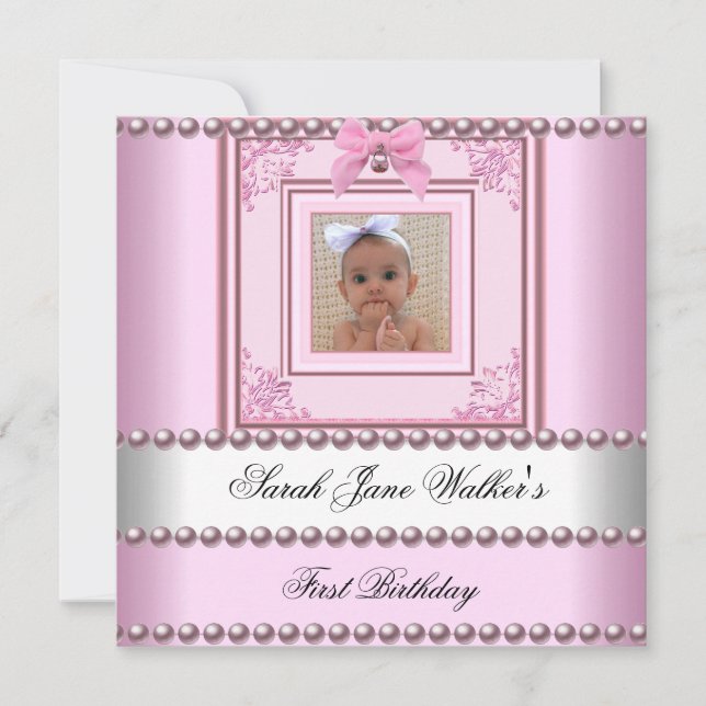 1st Birthday Girl Pink White Pearl Photo First 2 Invitation (Front)
