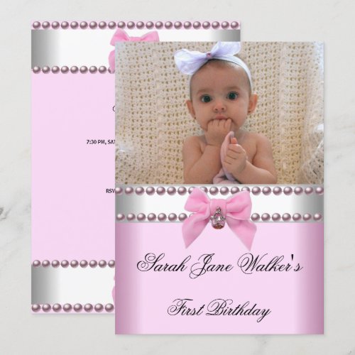 1st Birthday Girl Pink White Pearl Photo First Personalized Invitation
