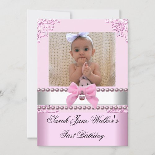 1st Birthday Girl Pink White Pearl Photo First Invitation