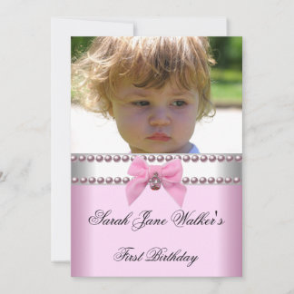 1st Birthday Girl Pink White Pearl Photo First Invitation