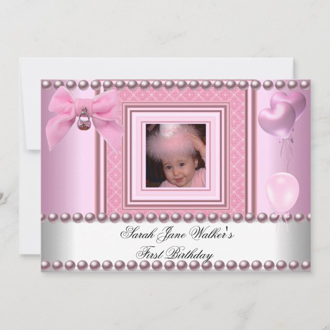 1st Birthday Girl Pink White Pearl Photo First Invitation (Front)
