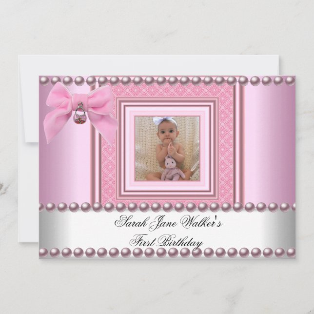 1st Birthday Girl Pink White Pearl Photo First Invitation (Front)