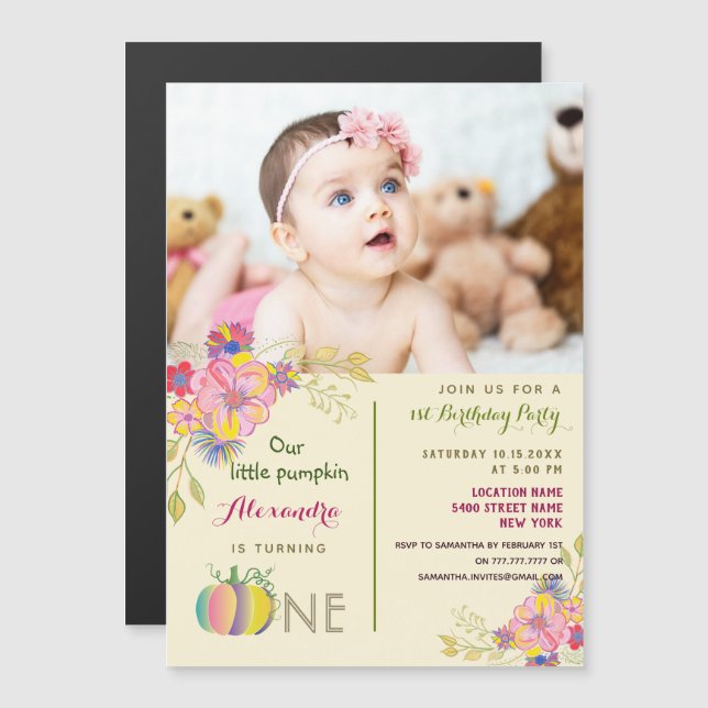1st Birthday Girl Pumpkin Pink Floral Photo Magnetic Invitation (Front/Back)