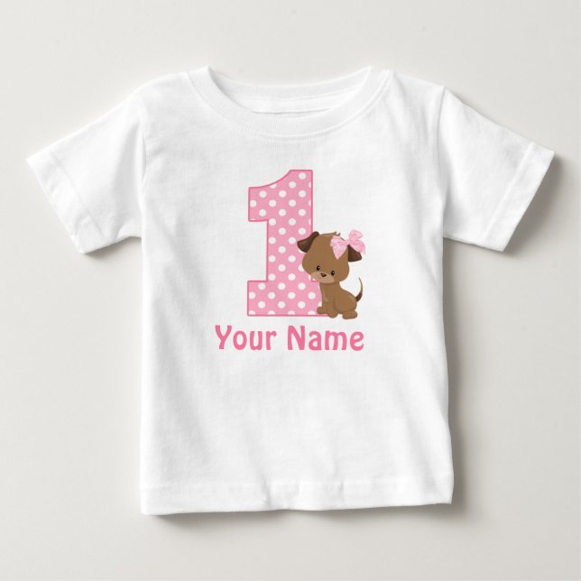1st Birthday Girl Puppy Personalized T Shirt (Front)