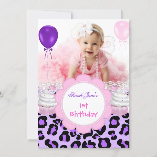 1st Birthday Girl Purple Cupcake Baby Leopard Invitation