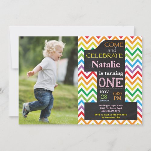 1st Birthday Girl Rainbow Chalkboard Photo Invitation