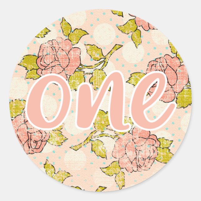 1st Birthday Girl Shabby Chic Roses Cottage Floral Classic Round Sticker (Front)