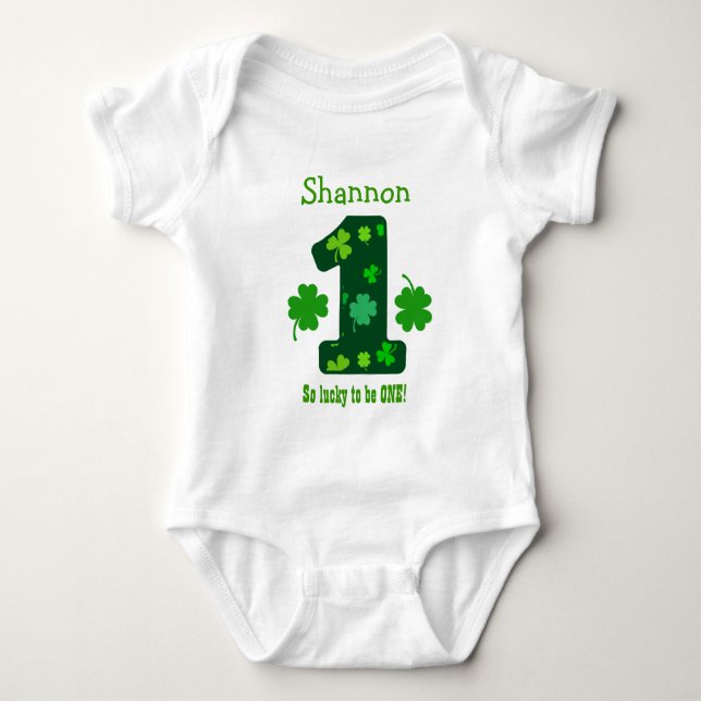 1st Birthday Girl Shamrock Number Custom Name V12A Baby Bodysuit (Front)