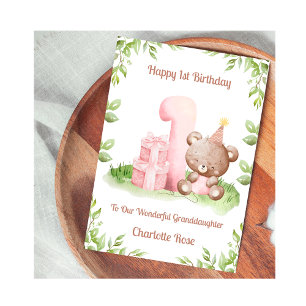 1st Birthday Girl Teddy Bear Birthday Card