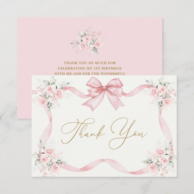 1st Birthday Girl Thank You Card with bow (Front/Back)