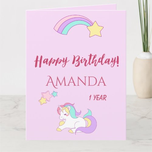 1st birthday girl unicorn pink card