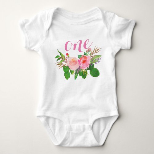 1st Birthday Girl  Watercolor Floral Personalized Baby Bodysuit