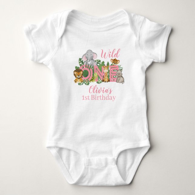 1st Birthday girl Wild One Jungle Safari Animals   Baby Bodysuit (Front)