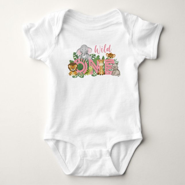 1st Birthday girl Wild One Jungle Safari Animals  Baby Bodysuit (Front)