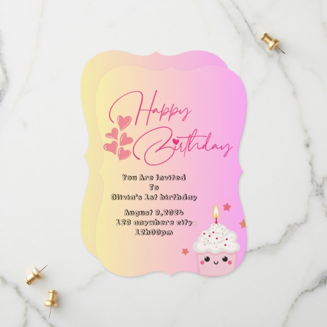 1st birthday girls invitation in pink  (Front/Back In Situ)